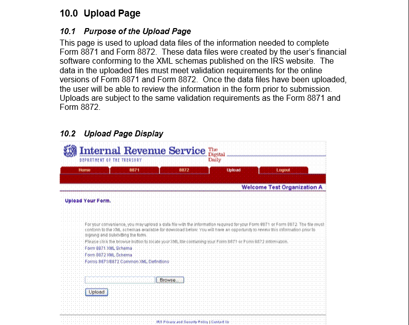 Upload page for Form 8872 on the IRS website